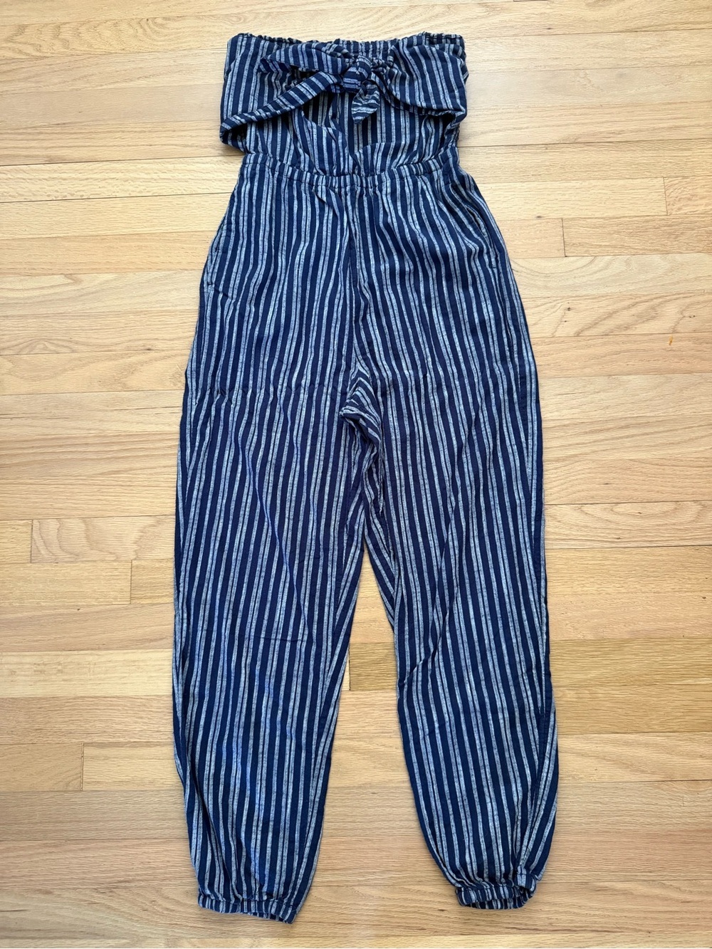 Aerie Small Tie Front Blue Striped 100% Cotton Strapless Jumper Romper